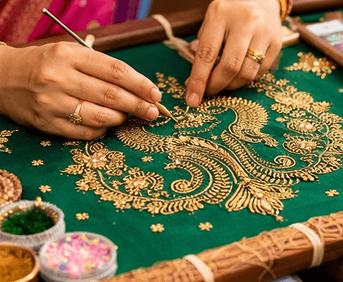 Classroom training at Saaraa Aari and Tailoring Institute in Thiruvanchery