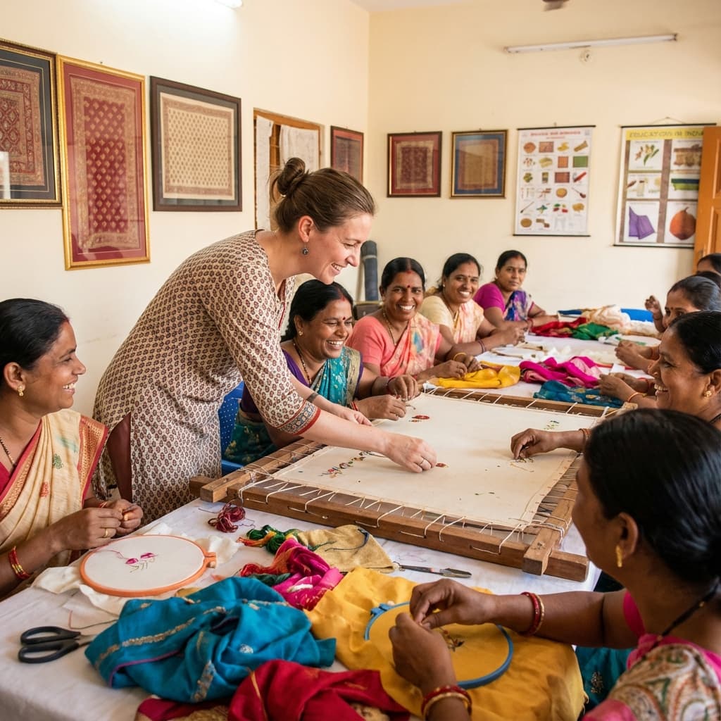 Classroom training at Saaraa Aari and Tailoring Institute in Thiruvanchery