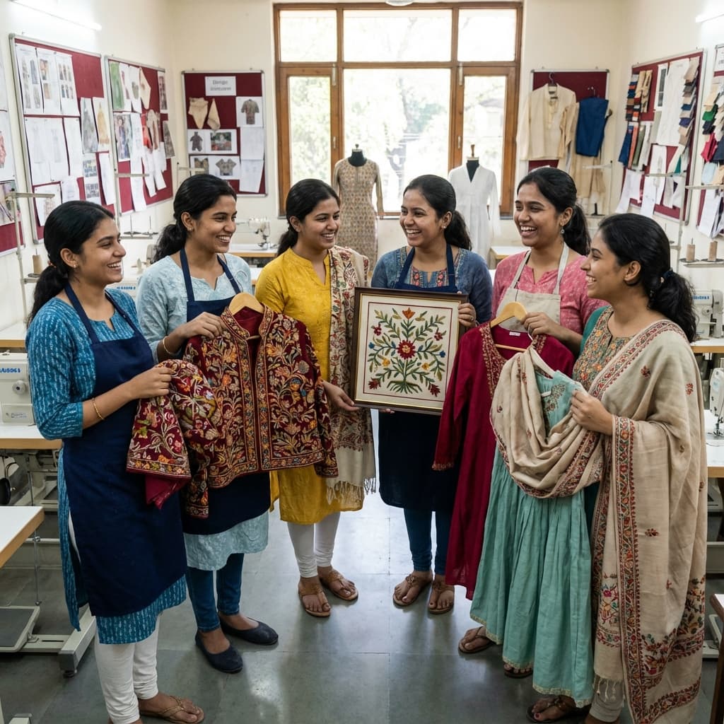 Students learning Aari embroidery and tailoring in Thiruvanchery Chennai
